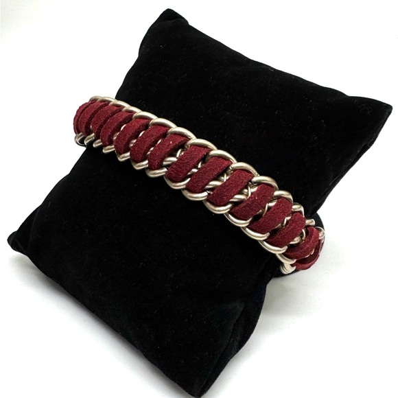 Premier Designs Red Suede and Goldtone Woven Chain Link Bracelet - Picture 2 of 10